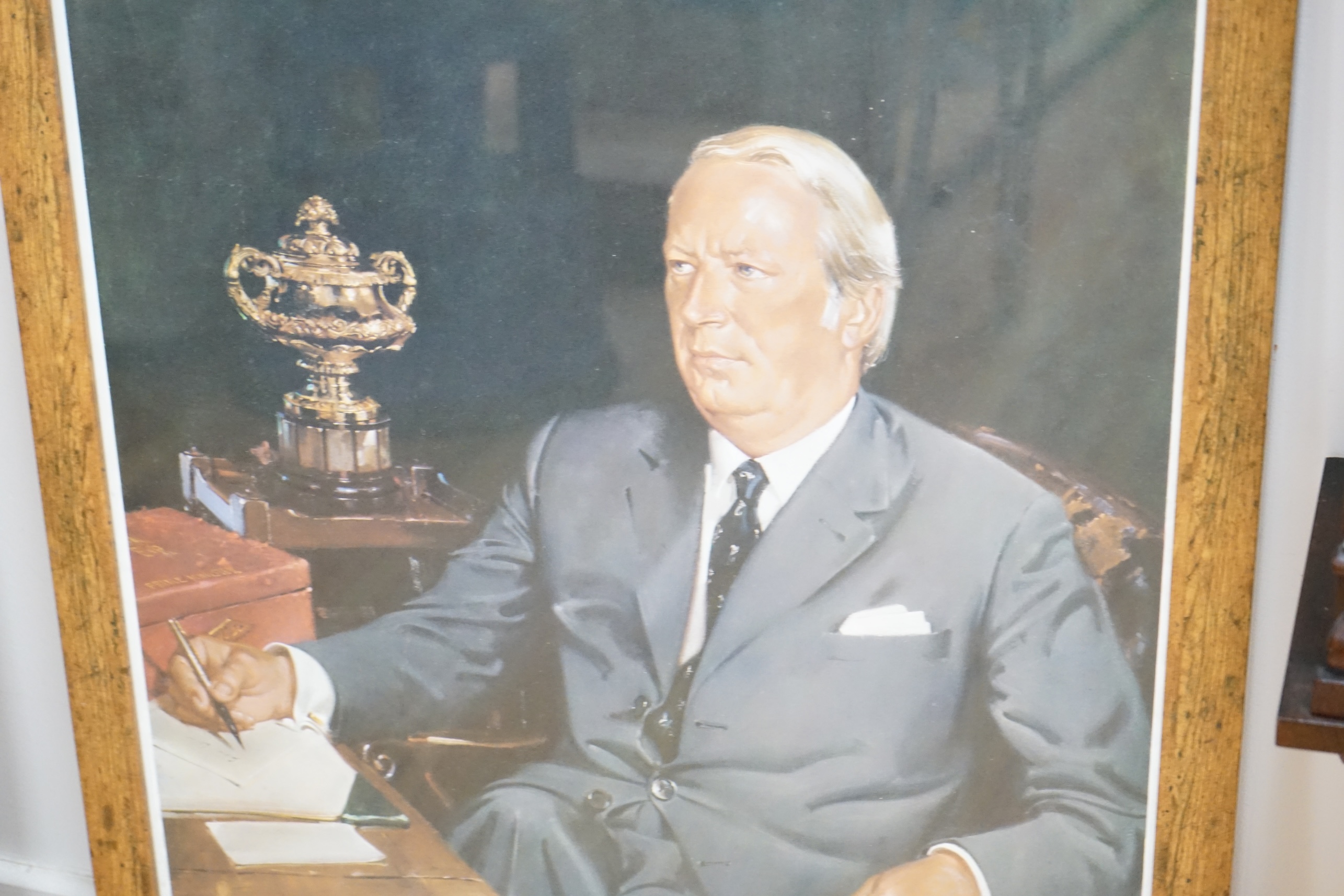 Terence Cuneo (1907-1996), colour print, Portrait of the Rt. Honourable Edward Heath, signed in ink by sitter and the artist, 81 x 58cm. Condition - fair